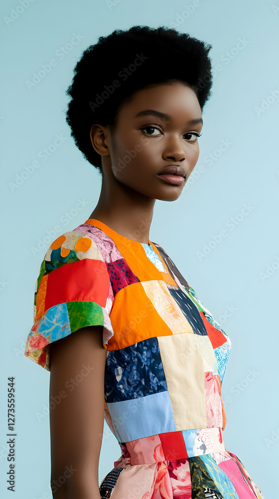 Studio portrait highlighting elegant African American woman with short afro hairstyle, wearing vibrant patchwork dress and expressing personal style against soft blue background Studio portrait highlighting elegant African American woman with short afro hairstyle, wearing vibrant patchwork dress and expressing personal style against soft blue background