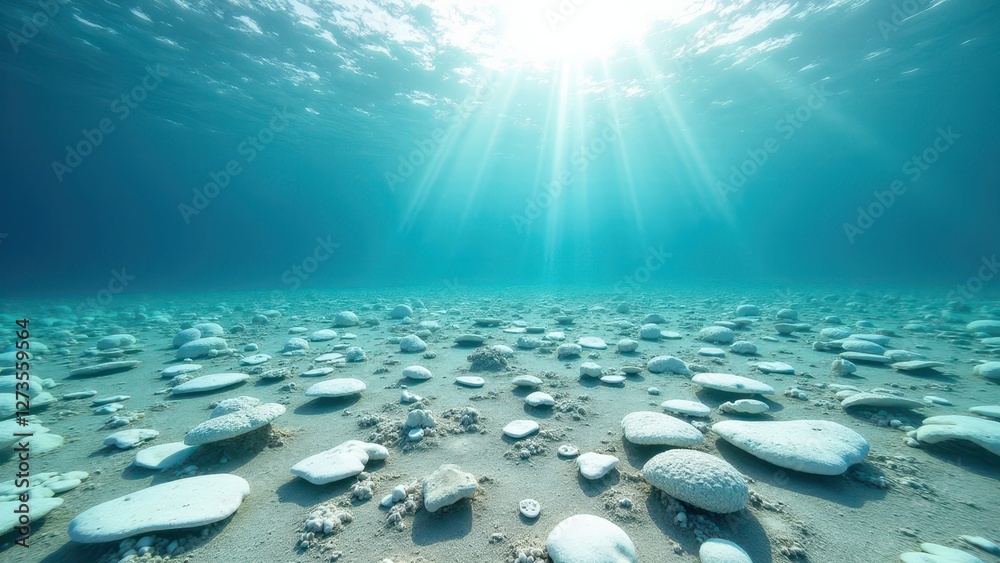 Naklejka premium Split view of bleached coral reef in clear shallow tropical ocean water 