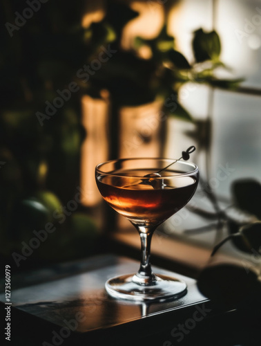 Manhattan cocktail in a dark bar setting