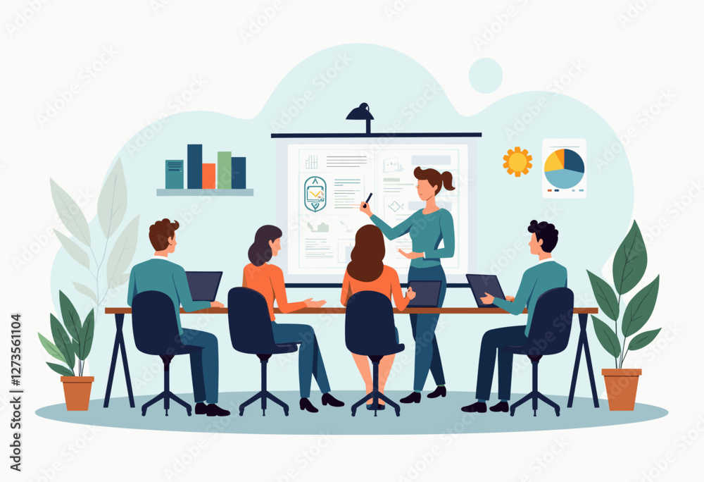 A group of people are working together in a meeting, with a woman presenting information to the others. Flat vector illustration A group of people are working together in a meeting, with a woman presenting information to the others. Flat vector illustration