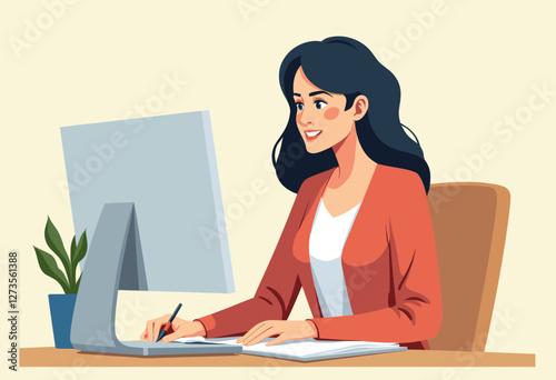 A woman in a red jacket is working at a desk, focused on her computer screen and writing on a piece of paper. Flat vector illustration
