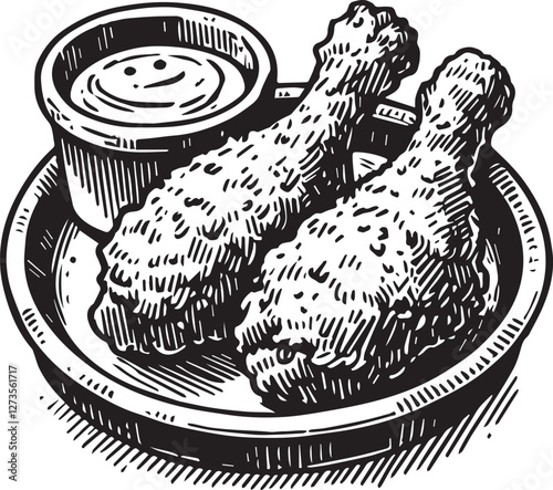 Two chicken thighs and sauce fried chicken vector hand drawn illustration