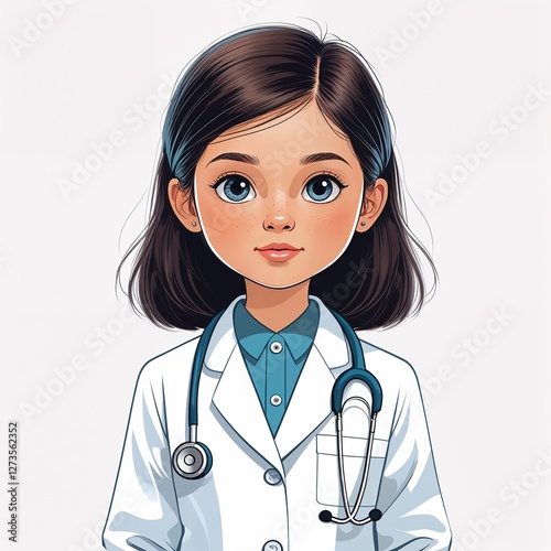Kid girl in doctor uniform cartoon illustration on plain white background