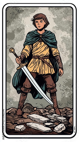 The Page of Swords tarot card, a young and curious figure holding a sword, symbolizing intelligence, vigilance, and new ideas, crisp and dynamically posed
