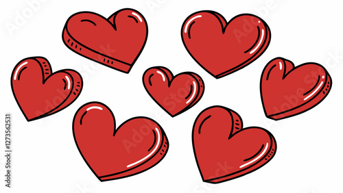Playful red heart doodles in hand-drawn cartoon style with glossy highlights and bold outlines on a clean white background

