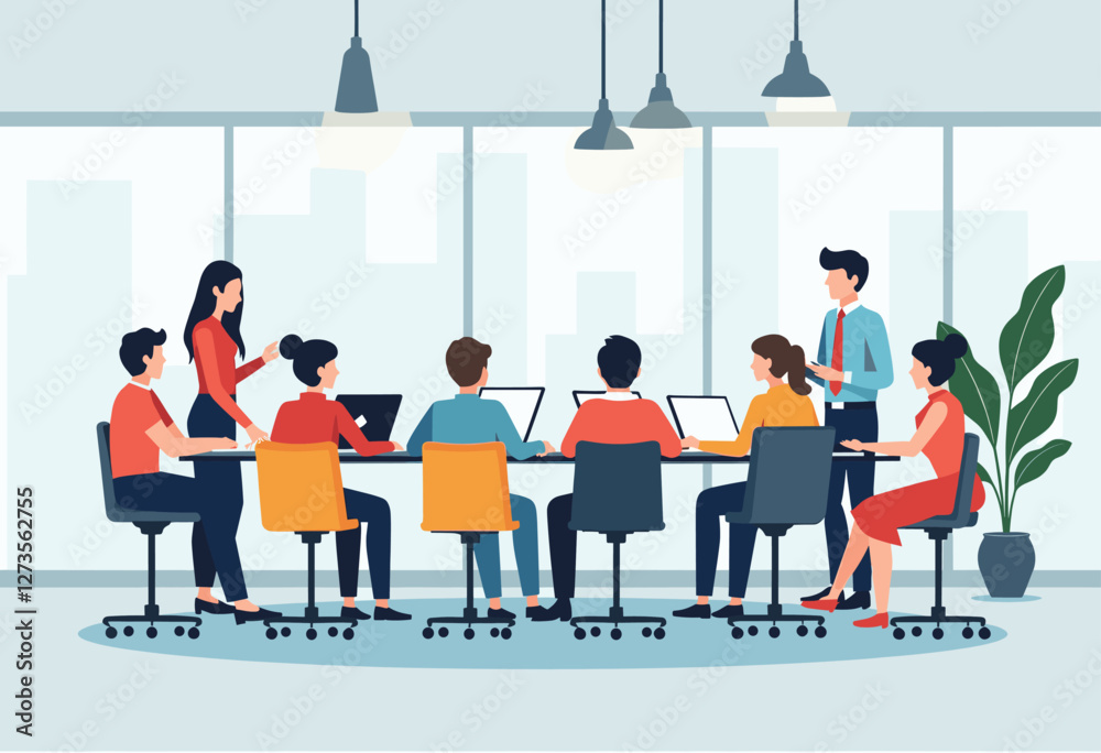 A group of people are working together in a modern office setting, with laptops on the table and a woman standing at the head of the table. Flat vector illustration A group of people are working together in a modern office setting, with laptops on the table and a woman standing at the head of the table. Flat vector illustration