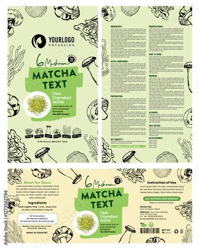 Organic matcha product label featuring a custom mushroom design, with a green eco-friendly style with hand-drawn branding, and health packaging food supplement theme.