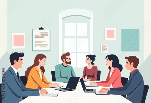 The image depicts a group of six people, including four men and two women, sitting around a table in a meeting room. Flat vector illustration