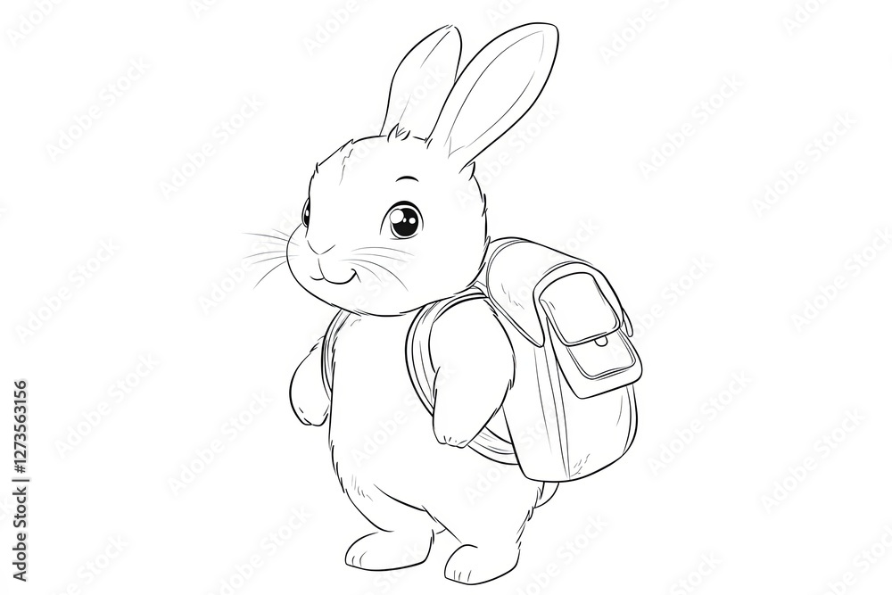 Obraz premium Rabbit with a backpack, ready for a picnic. Cute Cartoon Character Design and Computer Game. Coloring Book Outline Set.