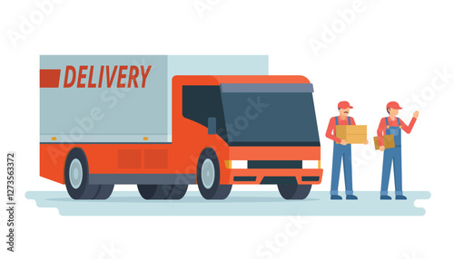 Delivery Truck or Car Vector Illustration with Courier, Flat style editable elements