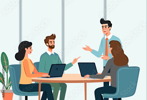 The image depicts a group of four people engaged in a discussion around a table, with two of them actively using laptops and the other two attentively listening. Flat vector illustration