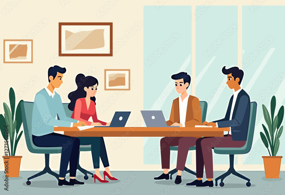 The image depicts a group of four people sitting around a conference table, each working on their laptops. Flat vector illustration