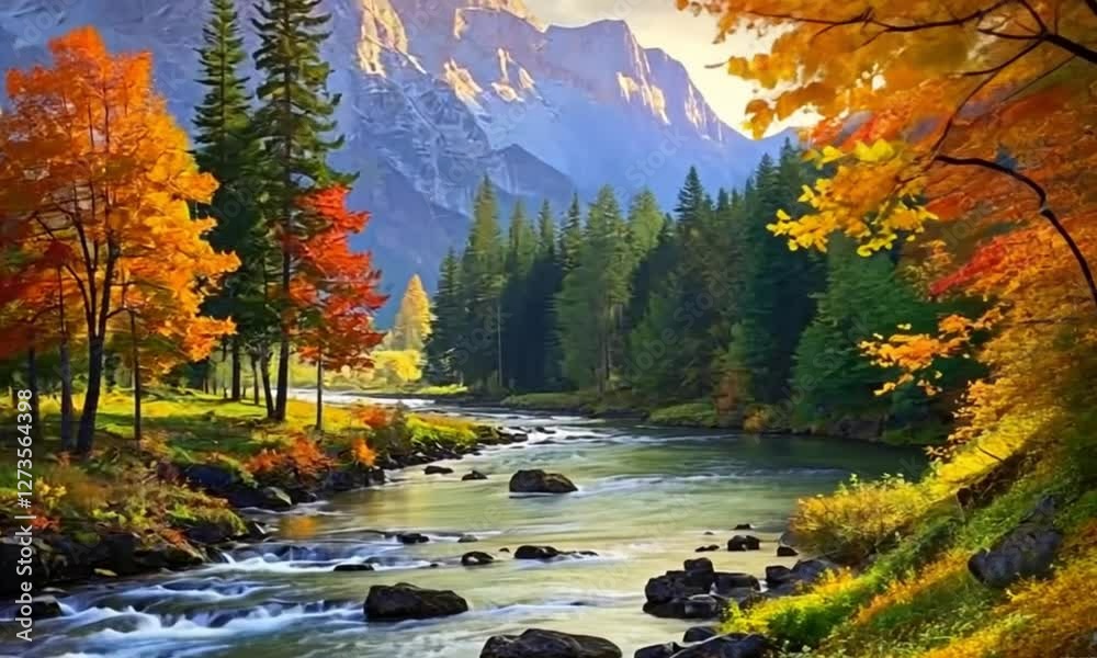autumn forest in the mountains with clean river