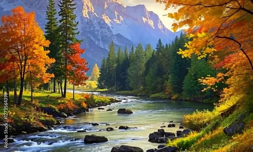 autumn forest in the mountains with clean river