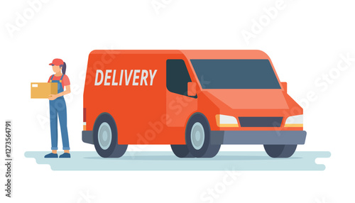 Delivery Truck or Car Vector Illustration with Courier, Flat style editable elements