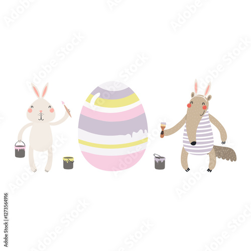 Cute anteater, bunny, painting Easter egg characters illustration. Hand drawn flat style design, isolated vector. Holiday clip art, kids print element, seasonal card, banner, poster