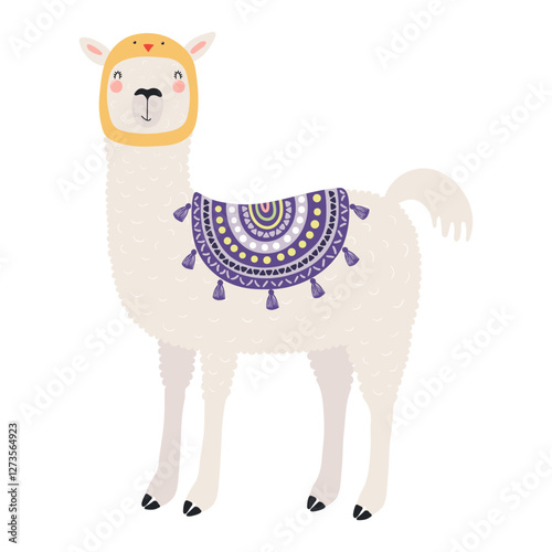 Cute llama in chick hat Easter character illustration. Hand drawn flat style design, isolated vector. Holiday clip art, kids print element, seasonal card, banner, poster