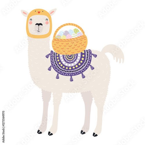 Cute llama in chick hat, carrying Easter eggs in basket character illustration. Hand drawn flat style design, isolated vector. Holiday clip art, kids print element, seasonal card, banner, poster