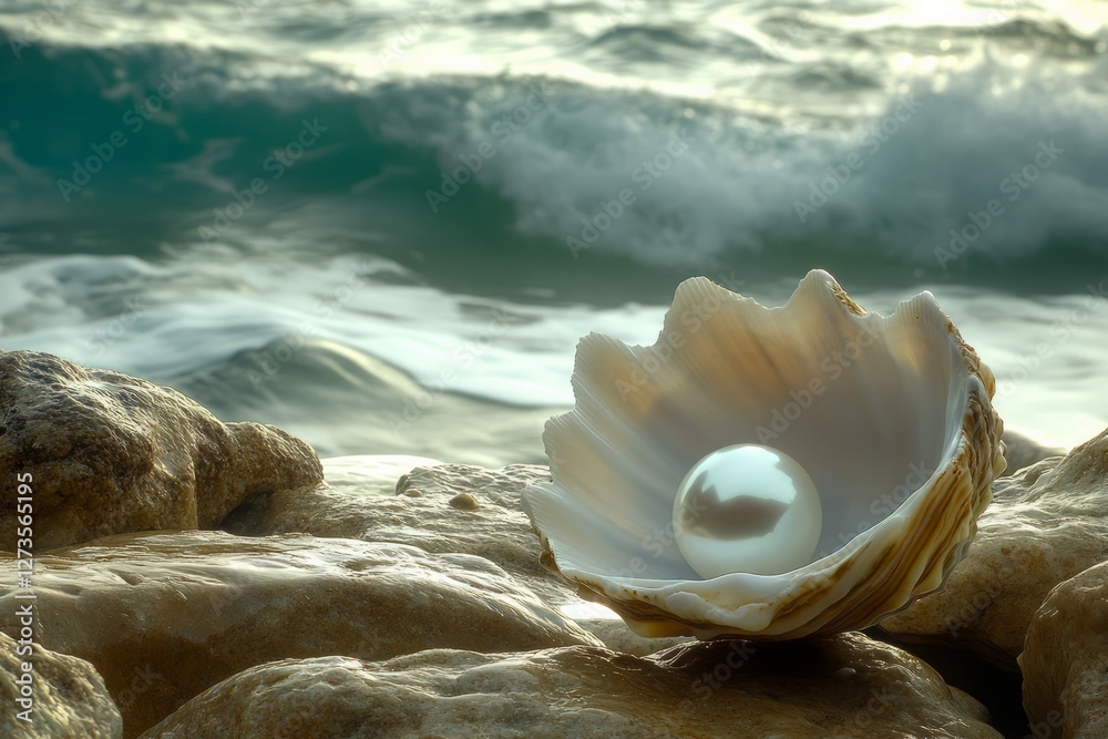 Luminous pearl in shell on shoreline rocks. Artificial Intelligence Luminous pearl in shell on shoreline rocks. Artificial Intelligence