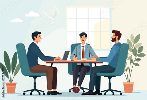 Three men are sitting at a table in an office, engaged in a discussion and working on a laptop. Flat vector illustration