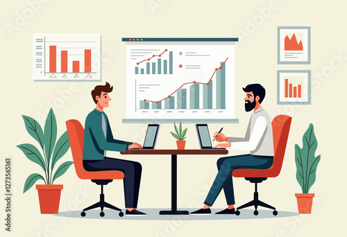 Two men are working on laptops in a meeting room, surrounded by office furniture and a large projection screen displaying graphs and charts. Flat vector illustration