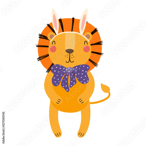 Cute lion with Easter bunny ears haracter illustration. Hand drawn flat style design, isolated vector. Holiday clip art, kids print element, seasonal card, banner, poster