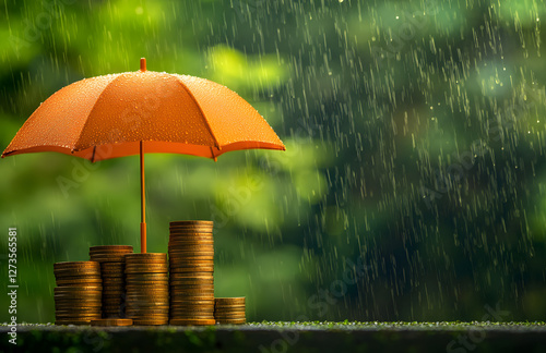 Wallpaper Mural an orange umbrella over a stack of coins on a green background with rain droplets, conveying the concept of financial protection Torontodigital.ca