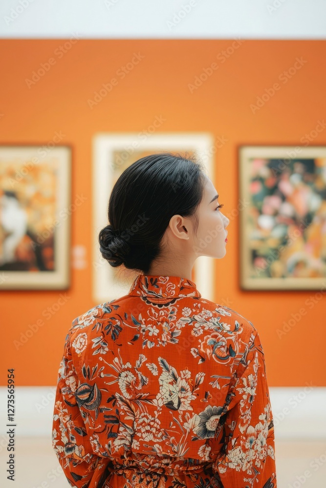 A woman viewing art in a museum with an orange wall and paintings on display A woman viewing art in a museum with an orange wall and paintings on display