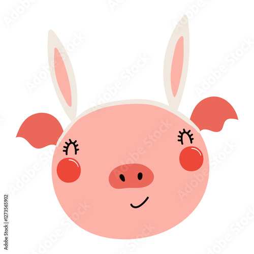 Cute pig face with Easter bunny ears character illustration. Hand drawn flat ...