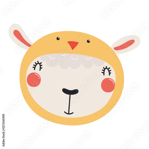 Cute sheep face in chick hat Easter character illustration. Hand drawn flat s...