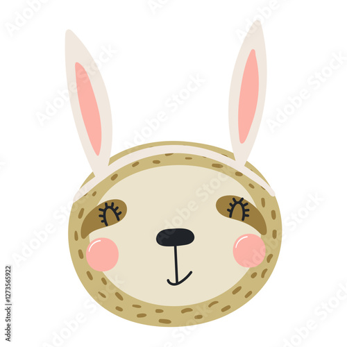 Cute sloth face with Easter bunny ears character illustration. Hand drawn fla...