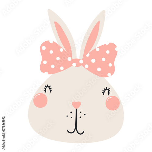 Cute Easter bunny with a bow character illustration. Hand drawn flat style de...