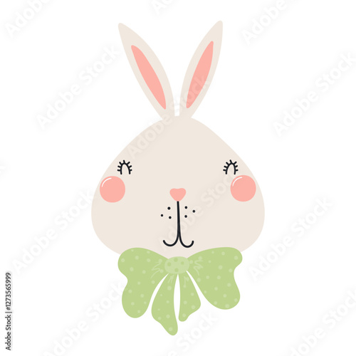 Cute Easter bunny with a bow character illustration. Hand drawn flat style de...