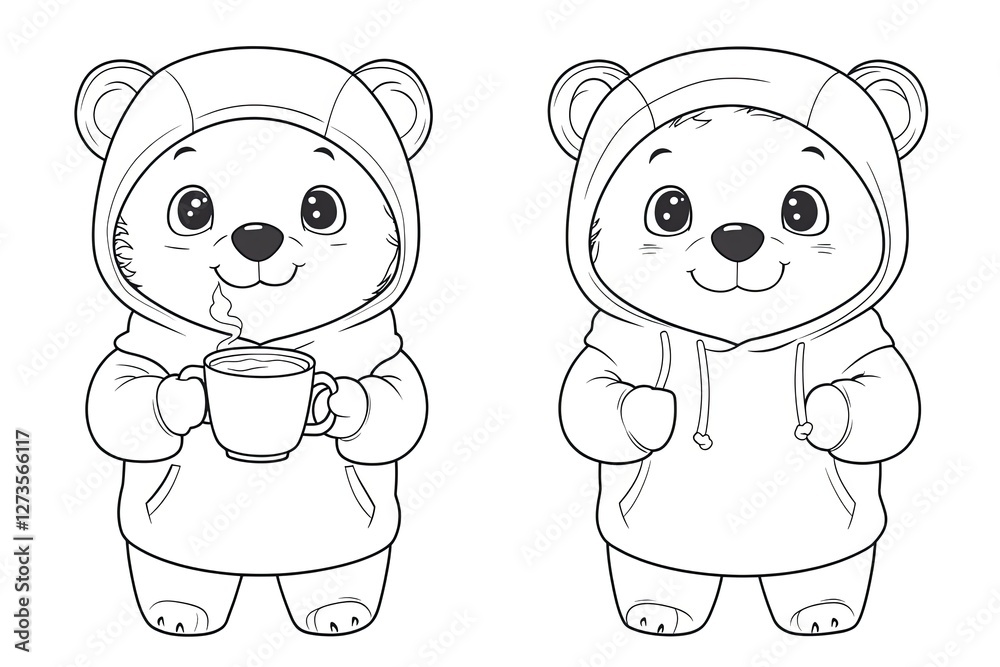 Obraz premium Bear cub in a hoodie holding a mug of hot cocoa. Cute Cartoon Character Design and Computer Game. Coloring Book Outline Set.
