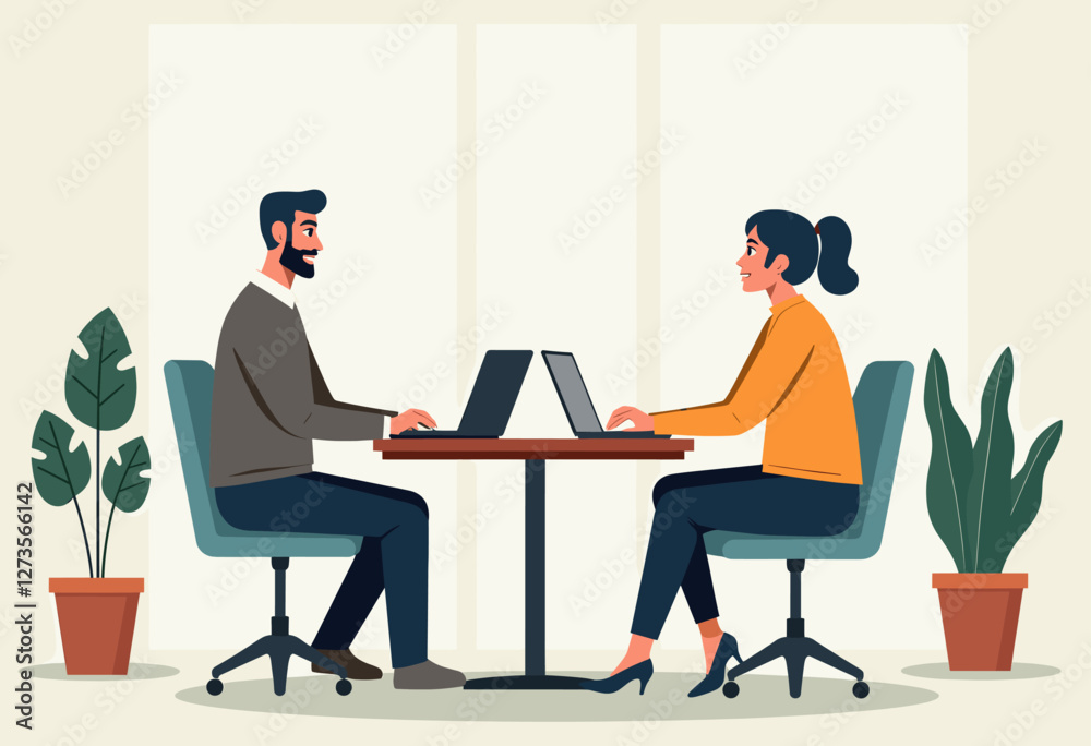 Two people, a man and a woman, are sitting at a table with laptops, working together in an office setting. Flat vector illustration Two people, a man and a woman, are sitting at a table with laptops, working together in an office setting. Flat vector illustration