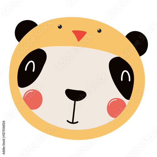 Cute panda face in chick hat Easter character illustration. Hand drawn flat s...