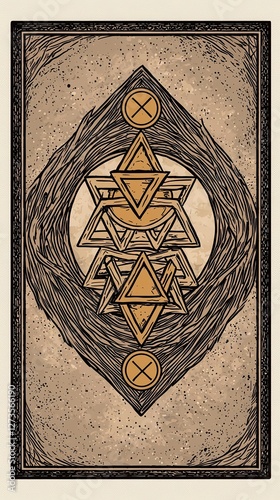 The Three of Pentacles tarot card, craftsmen working together on a grand design, symbolizing collaboration, teamwork, and skill mastery, clean and wellstructured photo