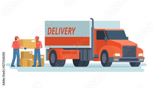 Delivery Truck or Car Vector Illustration with Courier, Flat style editable elements