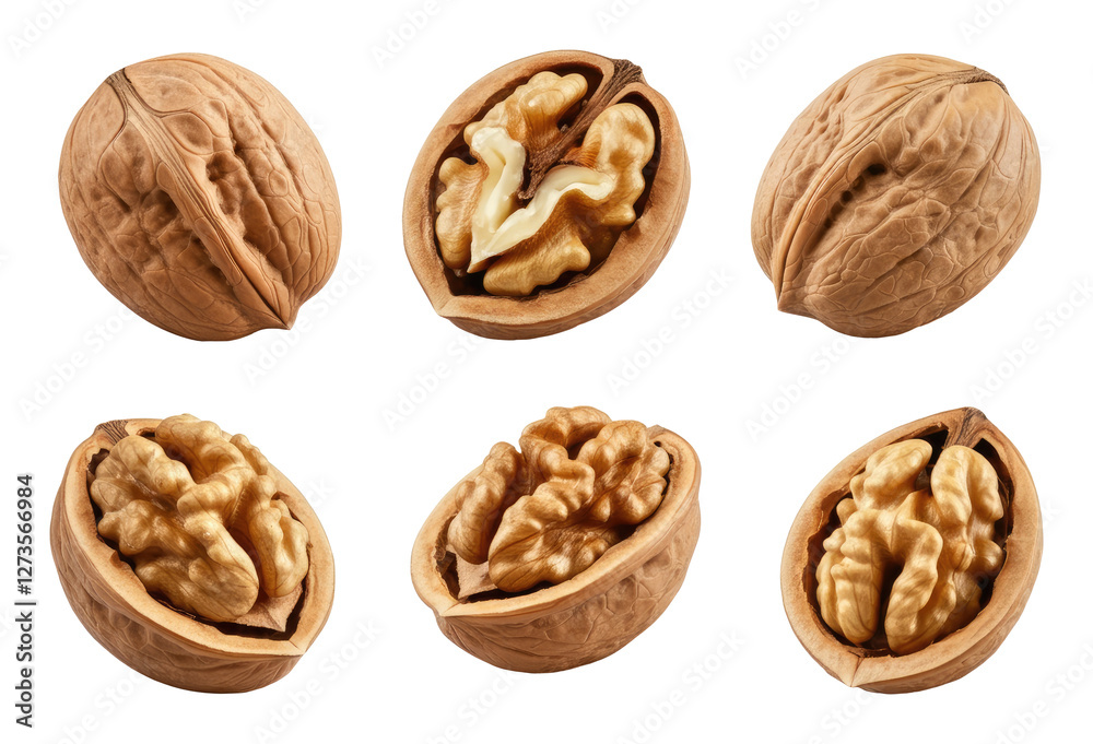 Close-up image of six walnuts, some whole and halves, showing shell kernel textures Close-up image of six walnuts, some whole and halves, showing shell kernel textures