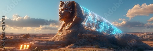 A colossal Egyptian sphinx embedded with glowing crystalline technology projecting holographic shields across a vast futuristic desert