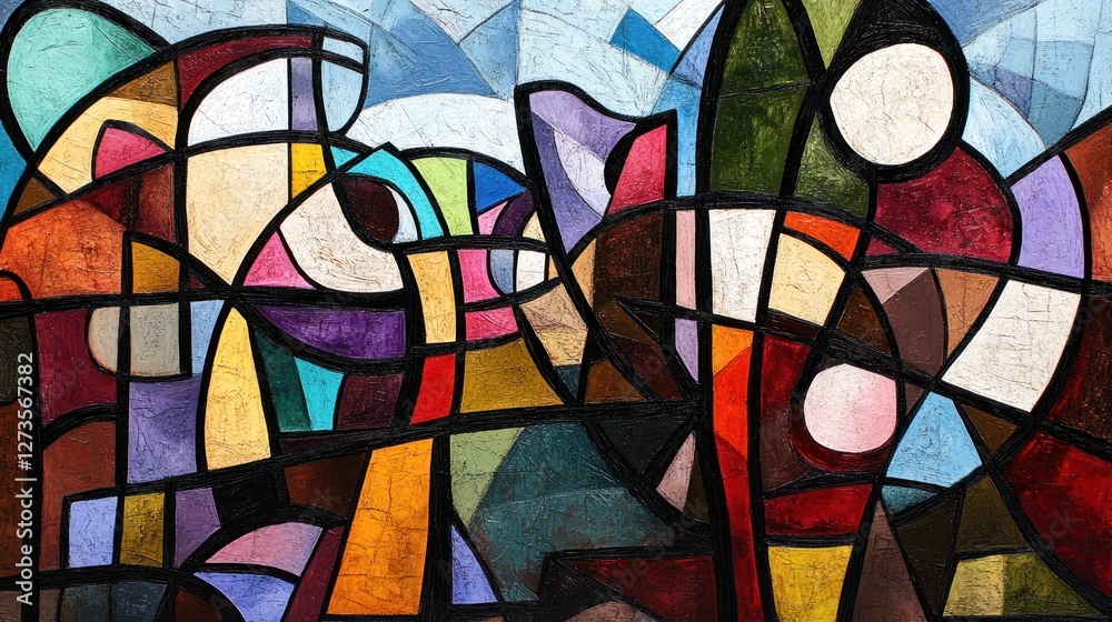 Abstract art piece features geometric shapes and bold color blocks Abstract art piece features geometric shapes and bold color blocks