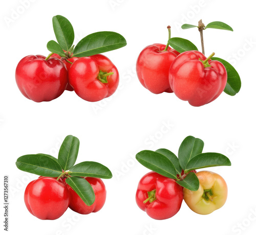 Fresh acerola cherries with green leaves, showcasing their natural bright red color