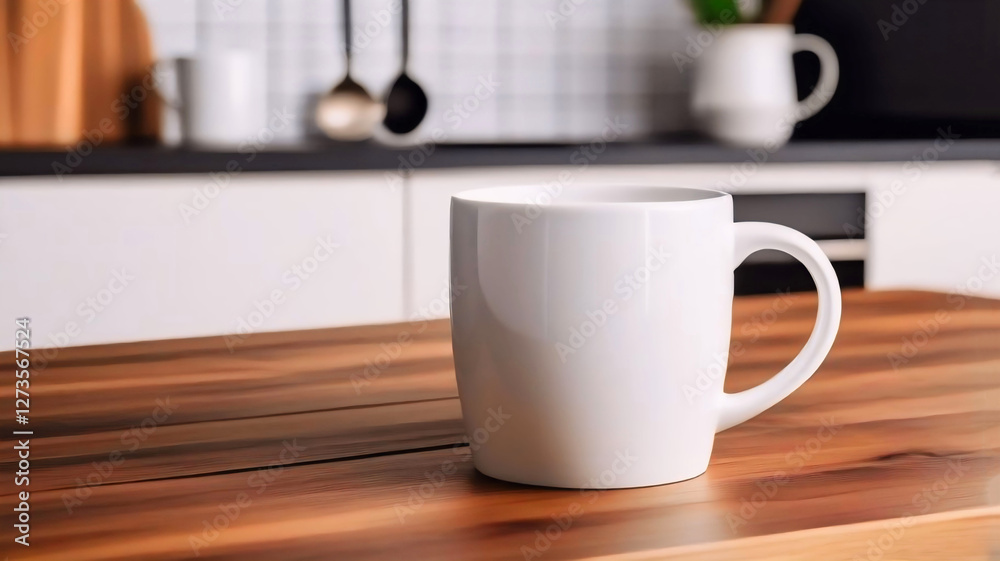 White Ceramic Coffee Mug on Table, Blank Coffee Cup Mockup, Minimalist Mug Design