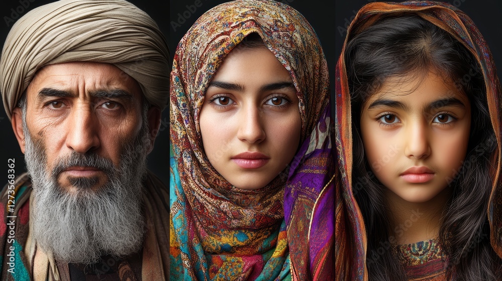Arabic family, man with a turban and grey beard, woman in a colorful head scarf, and a young girl with dark hair. Arabic family, man with a turban and grey beard, woman in a colorful head scarf, and a young girl with dark hair.