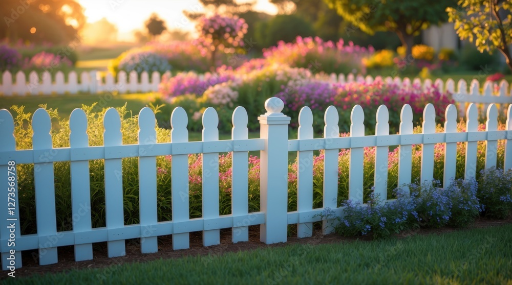 Charming Garden Scene with White Picket Fence and Vibrant Flowers at Sunset Charming Garden Scene with White Picket Fence and Vibrant Flowers at Sunset