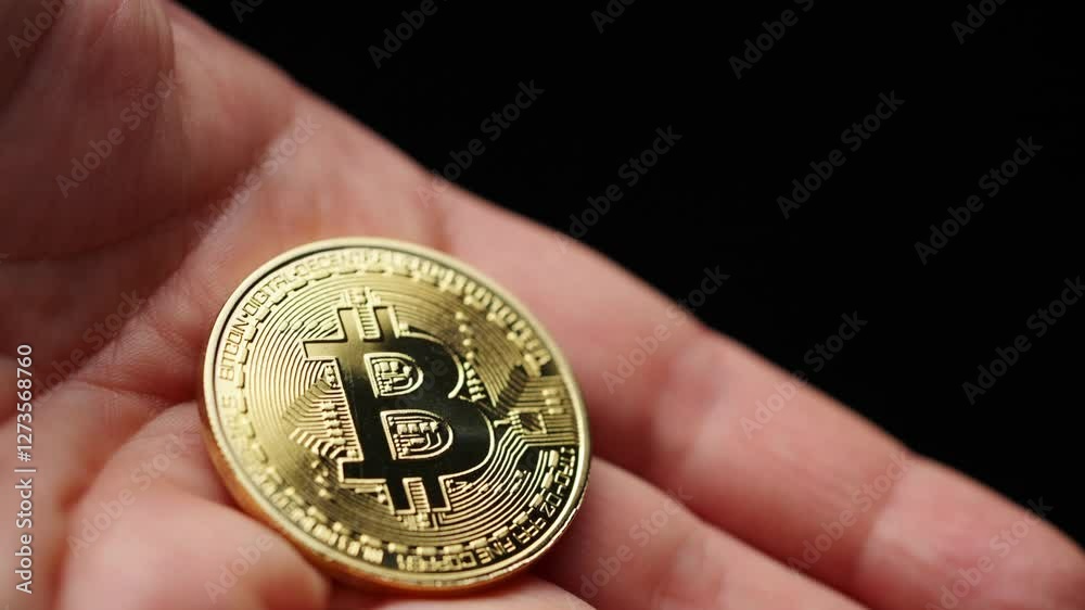 Close up of Bitcoin coin being tilted in hand, capturing the reflective gold and detailed design Close up of Bitcoin coin being tilted in hand, capturing the reflective gold and detailed design