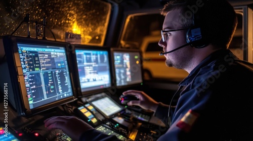 Firefighter managing emergency response using control panel inside firetruck at night