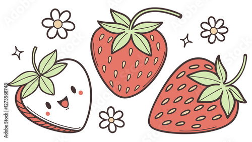 Cute kawaii strawberry illustration with happy expressions, flowers, and playful cartoon-style design
