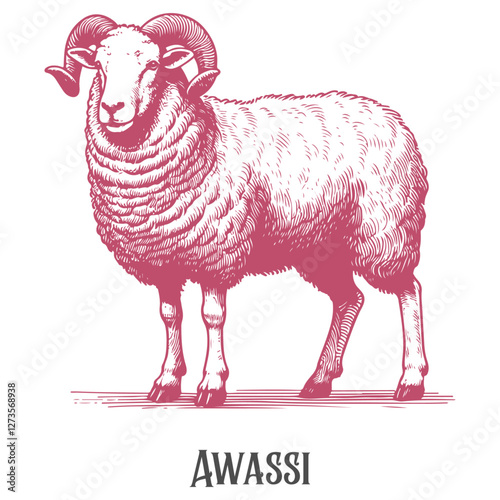 A hand-drawn illustration of an Awassi sheep with thick wool and gentle expression