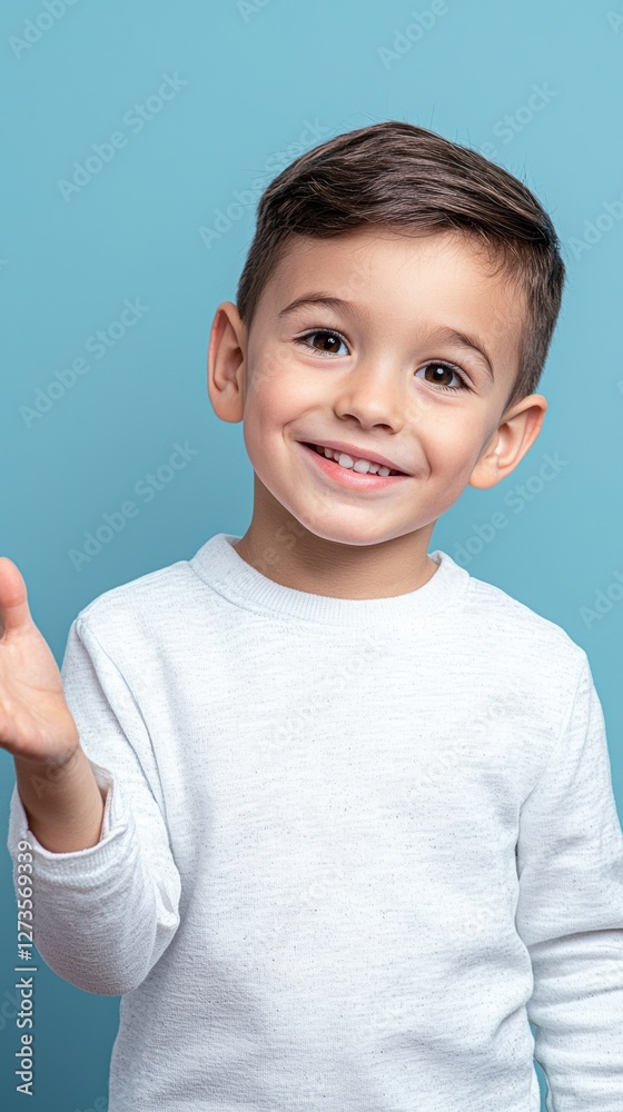 Cheerful young boy on blue background with space for text Cheerful young boy on blue background with space for text